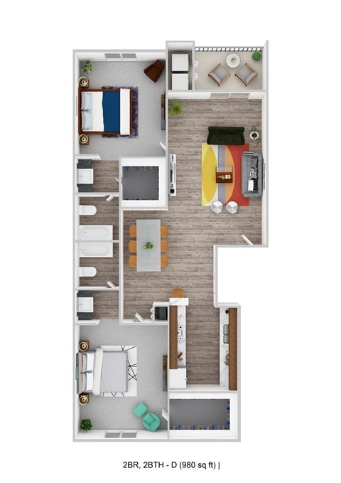 Floor plan for 2 beds, 2 baths, 980 sqft